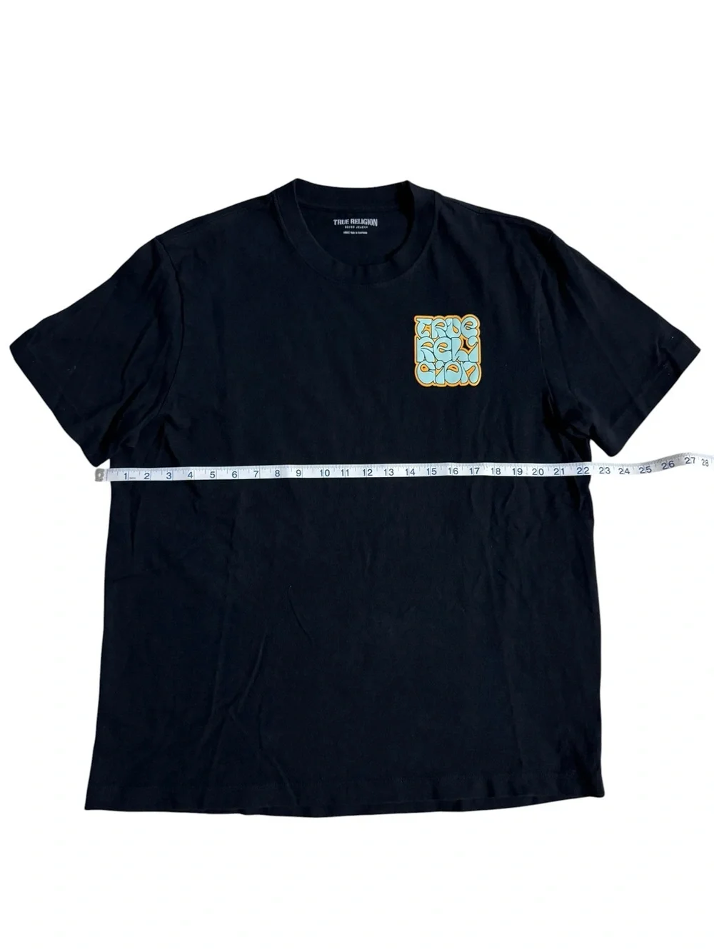 True Religion Graphic Tee with Yellow & Light Blue Chest Patch